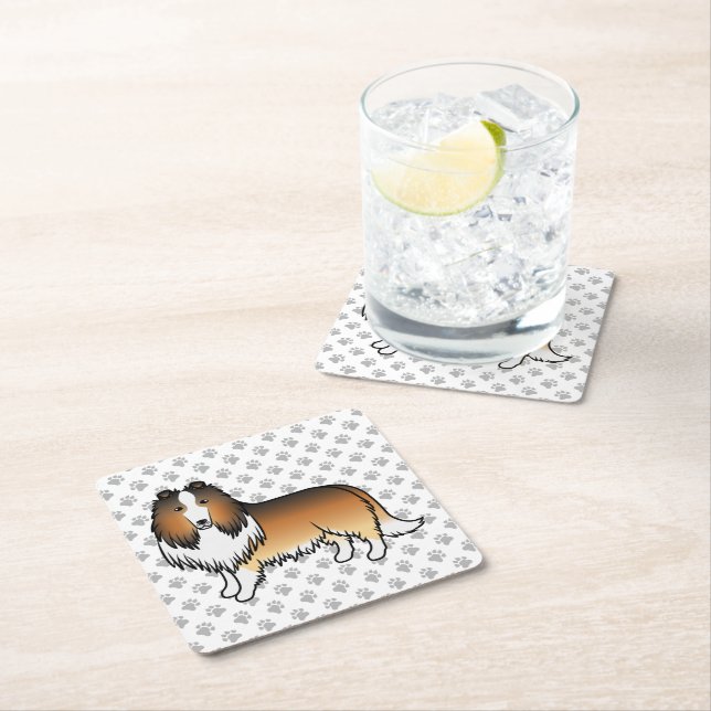 Sable Rough Collie Cute Cartoon Dog & Paws Square Paper Coaster (Insitu)