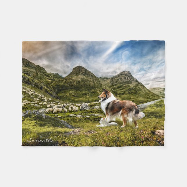 Sable Rough Collie herding Sheep - Personalized Fleece Blanket (Front (Horizontal))
