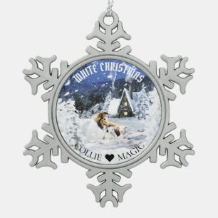 Sable Rough Collie & Lambs in Magic Snowy Night - Snowflake Pewter Christmas Ornament