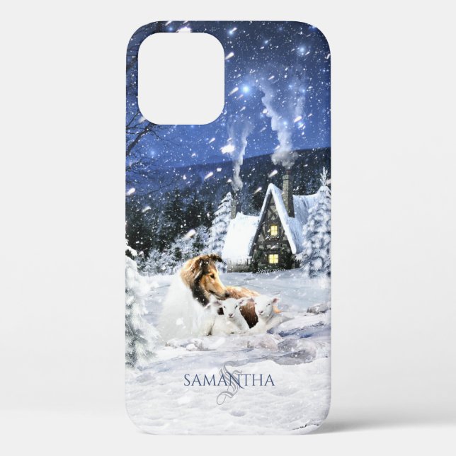 Sable Rough Collie & Lambs in Magic Winter Night - Case-Mate iPhone Case (Back)