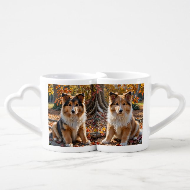 Sable Rough Collie Puppies in Autumn Leaves  Coffee Mug Set (Front Nesting)