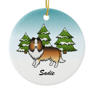 Sable Sheltie Cartoon Dog In Winter &amp; Name Ceramic Ornament