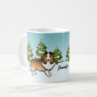 Sable Sheltie Cartoon Dog In Winter &amp; Name Coffee Mug