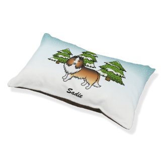 Sable Sheltie Cartoon Dog In Winter &amp; Name Pet Bed