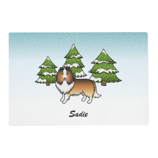 Sable Sheltie Cartoon Dog In Winter &amp; Name Placemat
