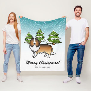 Sable Sheltie Cartoon Dog In Winter & Text Fleece Blanket