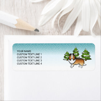 Sable Sheltie Cartoon Dog In Winter &amp; Text Label