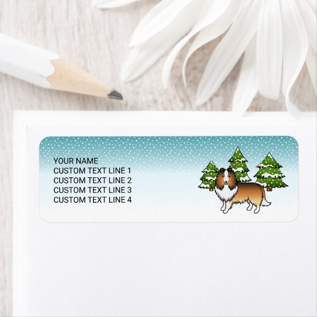 Sable Sheltie Cartoon Dog In Winter & Text Label (Insitu)