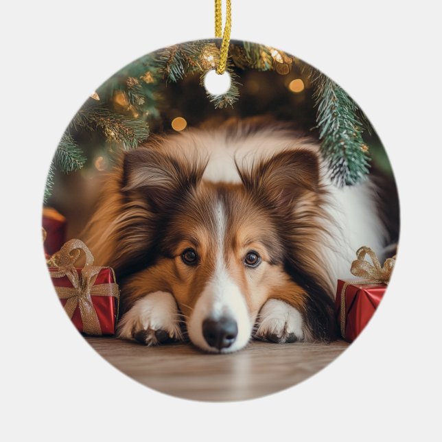 Sable Sheltie Christmas Ceramic Ornament (Front)