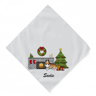 Sable Sheltie Dog In A Christmas Room & Name Bandana