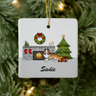 Sable Sheltie Dog In A Christmas Room &amp; Name Ceramic Ornament