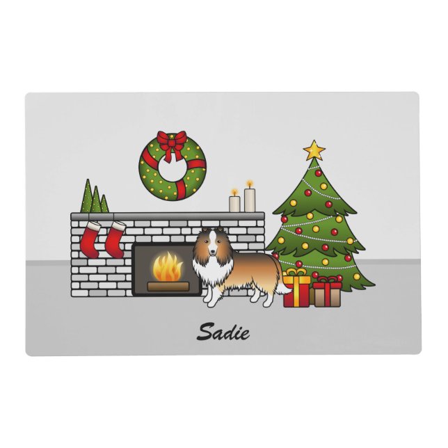 Sable Sheltie Dog In A Christmas Room & Name Placemat (Front)