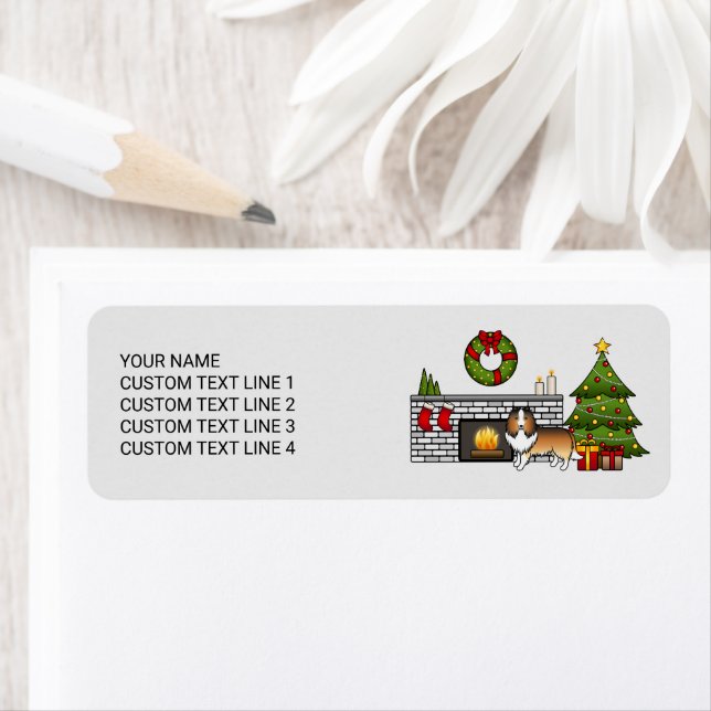 Sable Sheltie Dog In A Christmas Room & Text Label (Insitu)