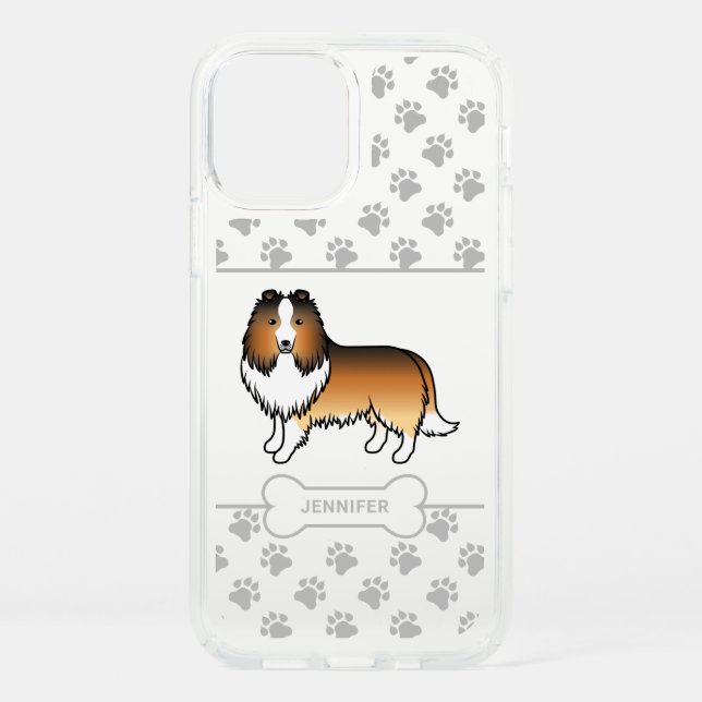 Sable Sheltie Dog With Paws, Dog Bone & Name Speck iPhone 12 Case (Front)
