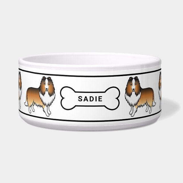 Sable Sheltie Dogs With Bone & Name Bowl (Front)