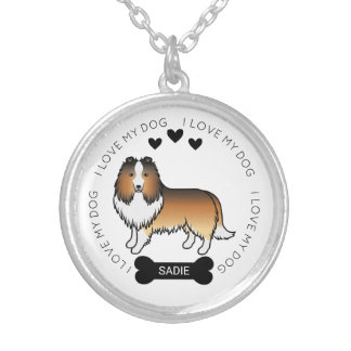 Sable Shetland Sheepdog Cartoon Dog Love &amp; Name Silver Plated Necklace