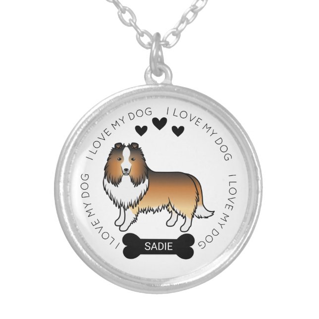 Sable Shetland Sheepdog Cartoon Dog Love & Name Silver Plated Necklace (Front)