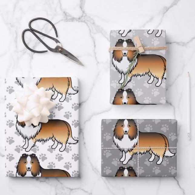 Sable Shetland Sheepdog Cartoon Dog Pattern Wrapping Paper Sheets (Front)