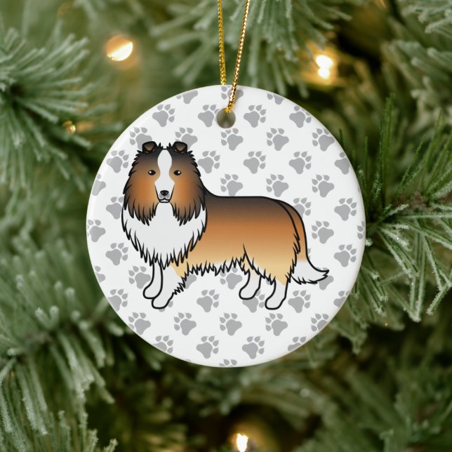 Sable Shetland Sheepdog Cartoon Dog & Paws Ceramic Ornament (Tree)