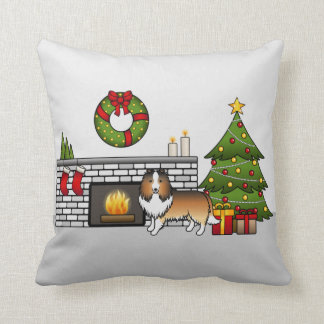 Sable Shetland Sheepdog Dog In A Christmas Room Throw Pillow