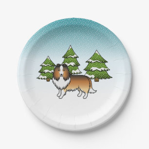 Sable Shetland Sheepdog In A Winter Forest Paper Plates