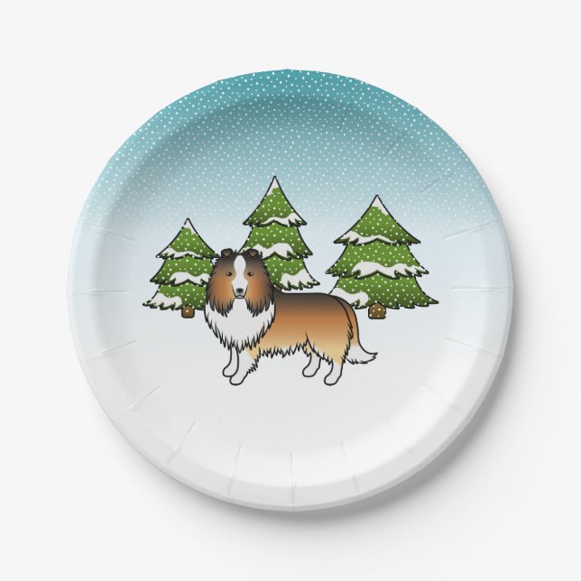 Sable Shetland Sheepdog In A Winter Forest Paper Plates (Front)