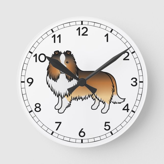Sable Shetland Sheepdog Sheltie Cartoon Dog Round Clock (Front)