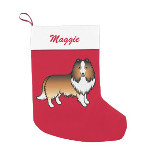 Sable Shetland Sheepdog Sheltie On Red &amp; Name Small Christmas Stocking