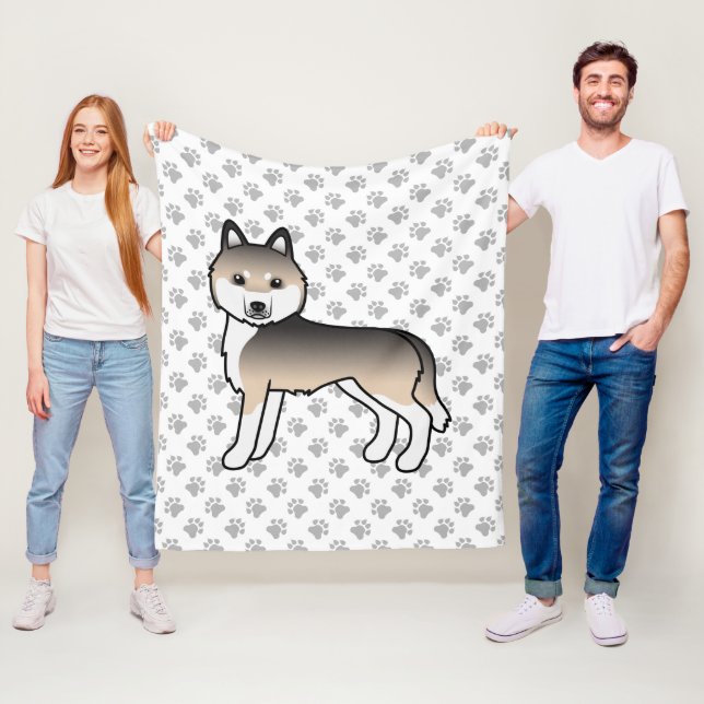 Sable Siberian Husky Cartoon Dog & Paws Fleece Blanket (In Situ)