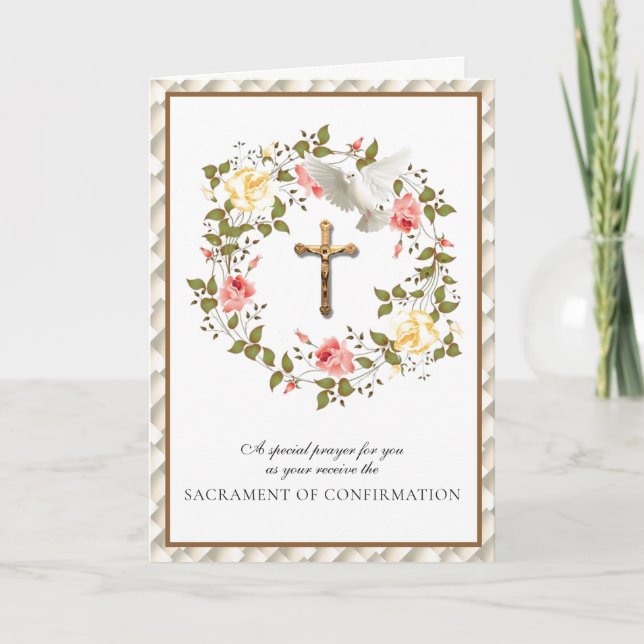 Sacrament Confirmation Crucifix Floral Wreath  Holiday Card (Front)