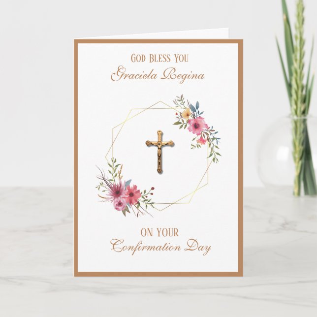 Sacrament Confirmation Crucifix Floral Wreath Holiday Card (Front)