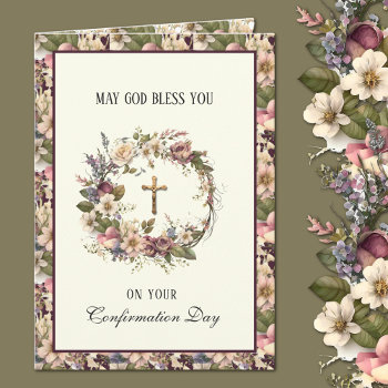 Sacrament Confirmation Religious Floral Wreath  Holiday Card by ShowerOfRoses at Zazzle