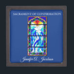 Sacrament Confirmation Stained Glass Holy Ghost Gift Box<br><div class="desc">This personalized traditional stained glass image  Sacrament of Confirmation keepsake jewelry box displays the Holy Ghost in the form of a dove. All texts,  fonts,  and colors may be modified. It would be a perfect keepsake to store all the small gifts and mementos of that special occasion.</div>