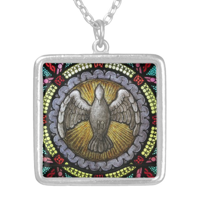 Sacrament Confirmation Stained Glass Holy Spirit Silver Plated Necklace (Front)