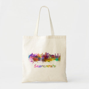 Sacramento skyline in watercolor tote bag
