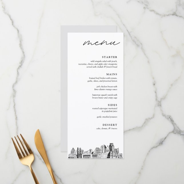 Sacramento Skyline Sketch Wedding Dinner Menu (Front/Back In Situ)