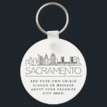 Sacramento Stylized Skyline | Custom Slogan Keychain<br><div class="desc">A unique key chain representing the beautiful city of Sacramento,  California.  
This keychain features a stylized illustration of the city's unique skyline with its name underneath.
Underneath the city name is a spot for your unique slogan or statement about your favorite city.</div>