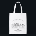 Sacramento Wedding | Stylized City Skyline  Grocery Bag<br><div class="desc">A unique wedding bag for a wedding taking place in the beautiful and welcoming country of Sacramento.  This bag features a stylized illustration of the city's unique skyline with its name underneath.  This is followed by your wedding day information in a matching open-lined style.</div>