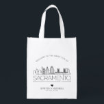 Sacramento Wedding | Stylized City Skyline  Grocery Bag<br><div class="desc">A unique wedding bag for a wedding taking place in the beautiful and welcoming country of Sacramento.  This bag features a stylized illustration of the city's unique skyline with its name underneath.  This is followed by your wedding day information in a matching open-lined style.</div>