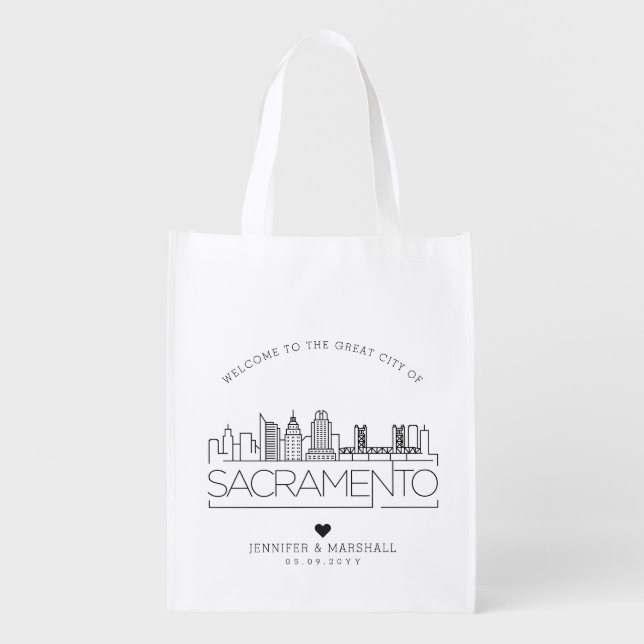 Sacramento Wedding | Stylized City Skyline  Grocery Bag (Front)
