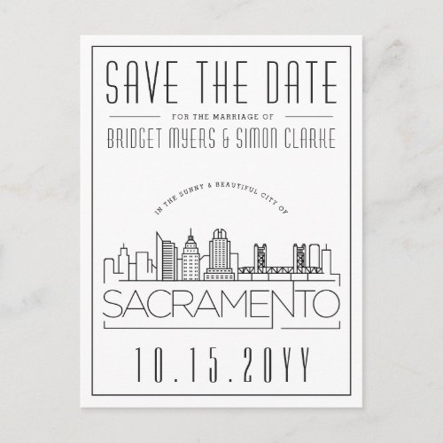 Sacramento Wedding Stylized Skyline Save the Date Postcard