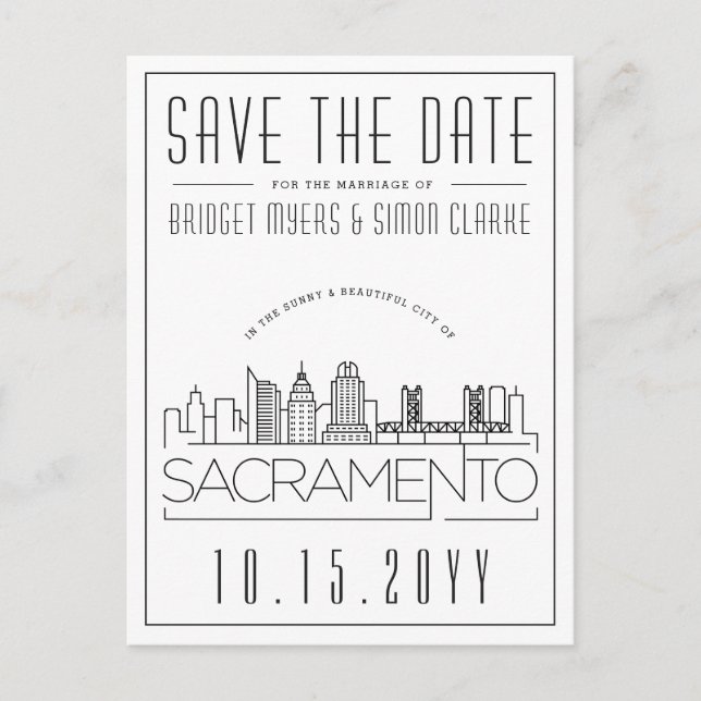 Sacramento Wedding |Stylized Skyline Save the Date Postcard (Front)