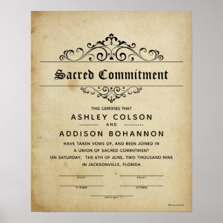 "Sacred Commitment" Antique Wedding Certificate Poster
