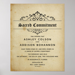 "Sacred Commitment" Antique Wedding Certificate Poster
