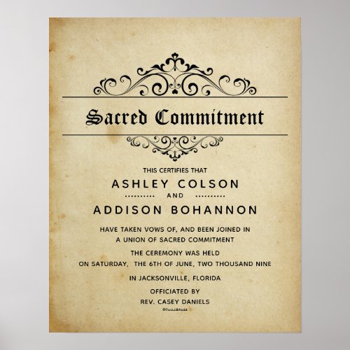 Sacred Commitment Antique Wedding Certificate Poster