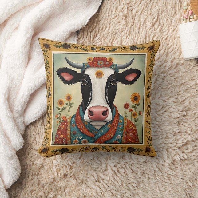 Sacred Cow Floral Folk Art  Throw Pillow (Blanket)