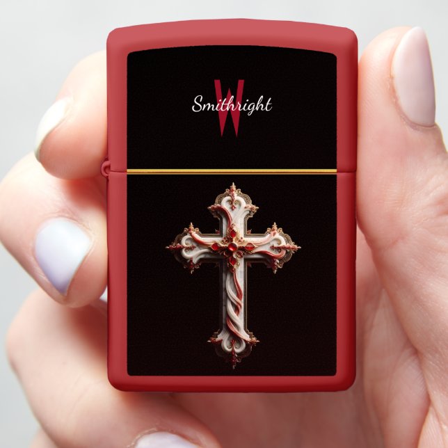 Sacred Cross Adorned in Red and White Zippo Lighter (In Hand)