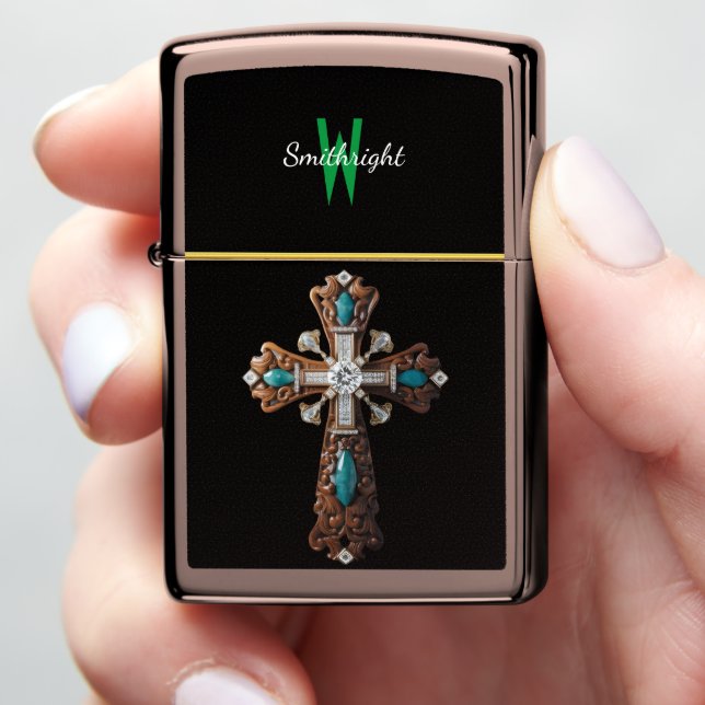 Sacred Cross of Turquoise Zippo Lighter (In Hand)