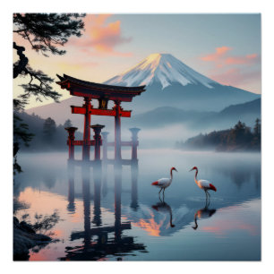 Sacred Dance: Red Crown Cranes at Fuji's Gate Poster