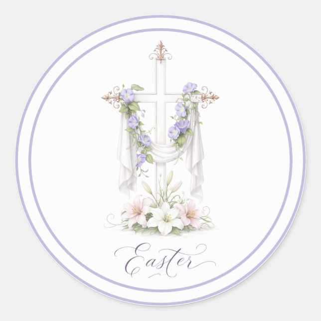 Sacred Easter Cross with Soft Blooms Classic Round Sticker (Front)